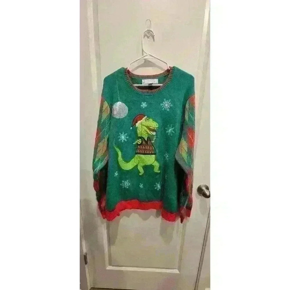 Jolly Sweaters T-Rex Disco Ugly Christmas Sweater Size 2XL Red Green - Picture 1 of 7